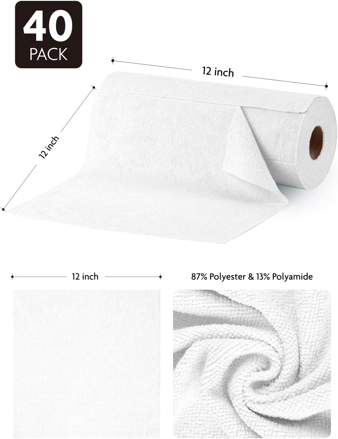 Fantasticlean Microfiber Cleaning Cloth Roll -40 Pack, Tear Away Microfiber Towels, 12" x 12", Reusable, Washable, Scratch Free, Ultra Absorbent Dish Rags for Car, Home, Garage or Shop (White)