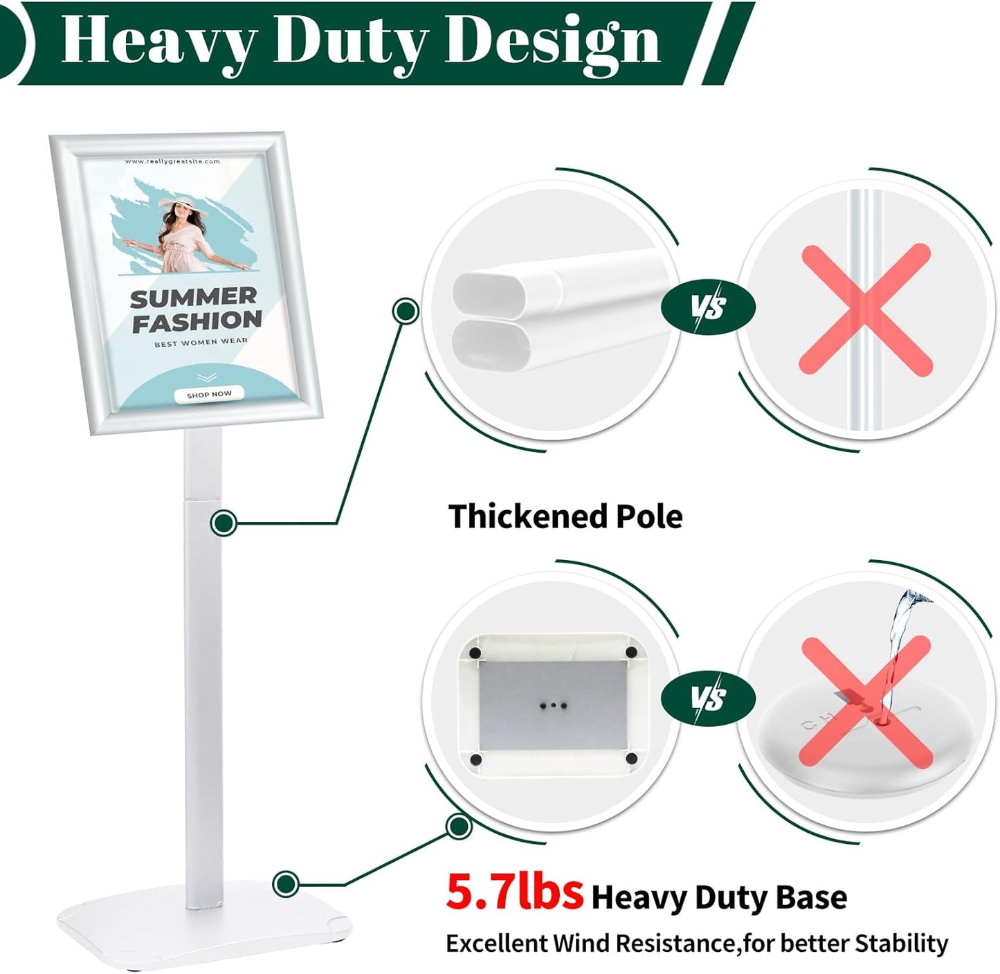Heavy Duty Pedestal Sign Holder for Display, 8.5 x 11 inches Adjustable Floor Standing Sign Holder with Weighted Base , Vertical and Horizontal View Sign Stand for Indoor/Outdoor Advertising，Silver