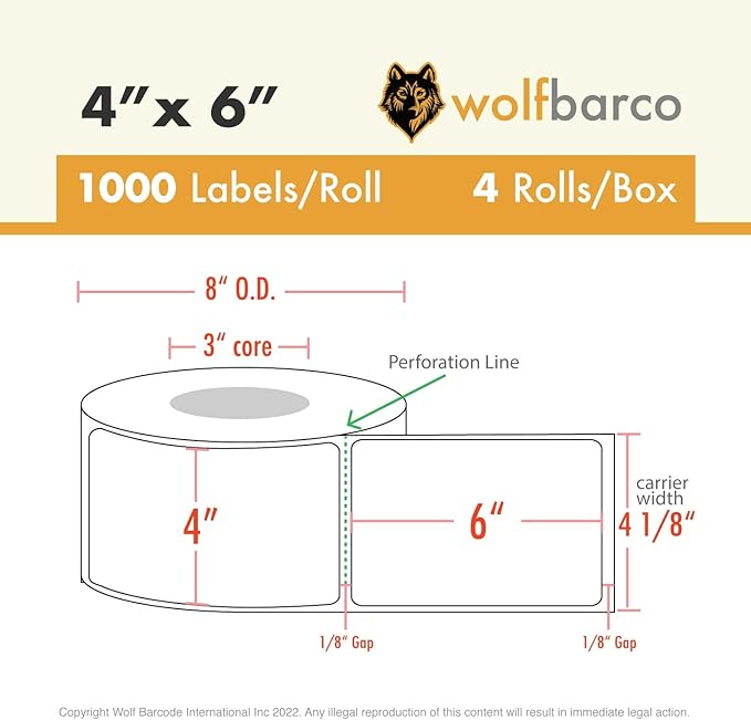 Direct Thermal Paper Label/IndustrialGrade 4" x 6", with Perforation, 3" Core, 8" OD,1000 Pcs/Roll (4Roll/Box) - Green