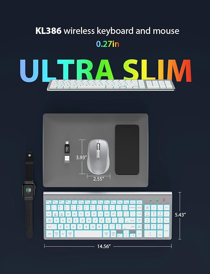SABLUTE Wireless Keyboard and Mouse Combo Backlit - Compact Quiet Keyboard with RGB Mouse, Rechargeable, Slim, Sleep Mode, Portable Cordless Set for Mac, Windows, Laptop, PC (Silver White)