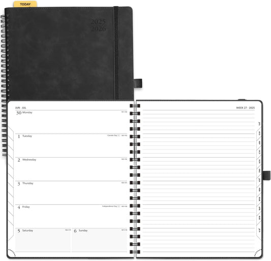 POPRUN Planner 2025-2026 Weekly Planner Notebook (Large 8.5''x 10.5'') Academic Calendar (JUL.25 - JUN.26) Appointment Book with Monthly Tabs, Spiral Soft Cover, Inner Pocket, 100 GSM - Black