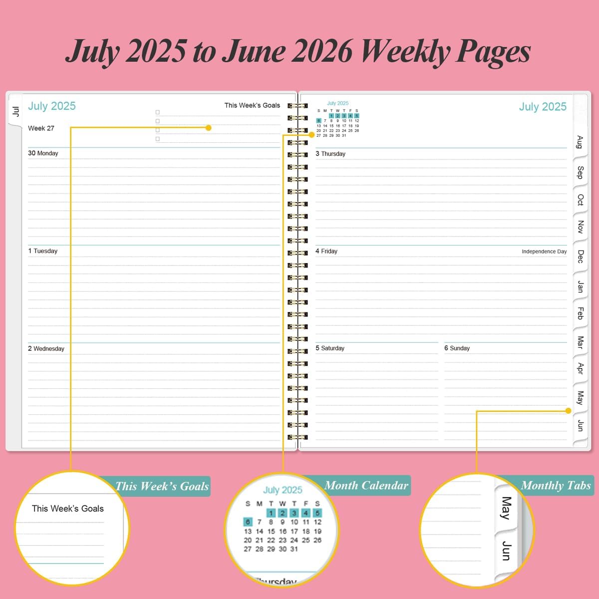 2025-2026 Planner - Academic Planner 2025-2026 from July 2025 to June 2026 with 12 Monthly Tabs, Flexible Cover, Inner Pocket, 8.5" x 11", Pink