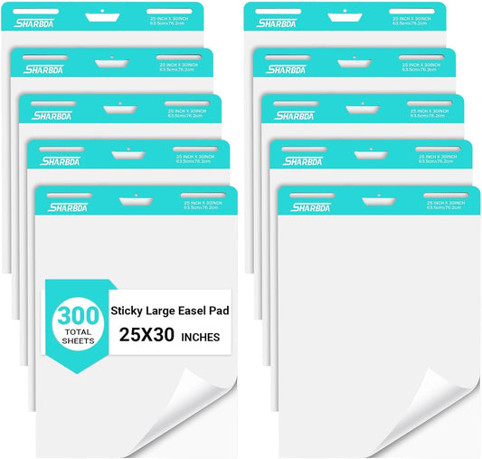 Sticky Easel Pad, 25 in x 30 in,Flip Chart, Chart Paper for Teachers, Large Self-Stick Easel Paper,Super Sticky & Bleed-Resistant,30 Sheets/Pad,10 Pads