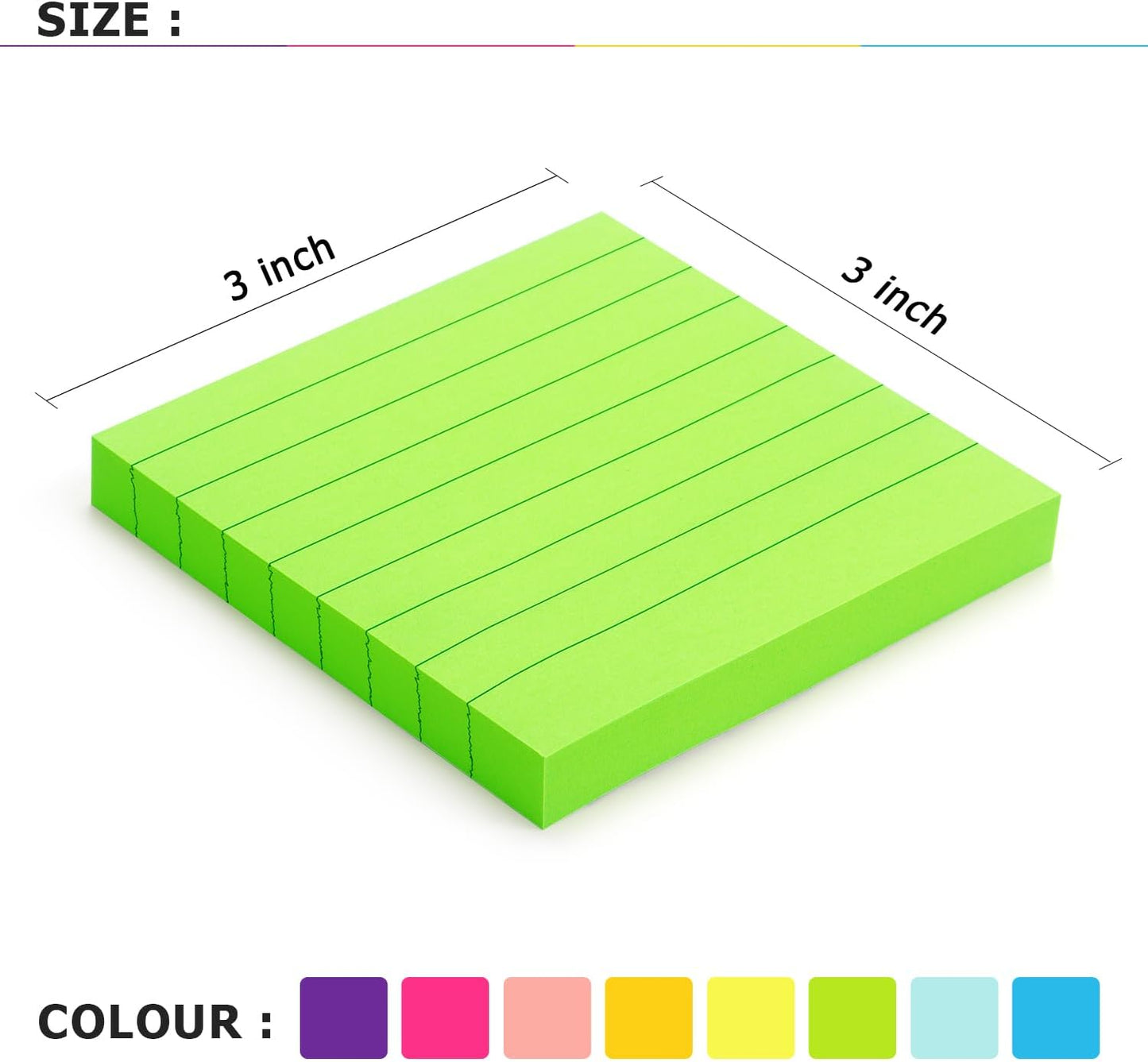 Eastern Wolf 8 Pads Lined Sticky Notes 3x3 Sticky Notes with Lines Self-Stick Note Pads 8 Bright Multi Colors, 85 Sheets/Pad
