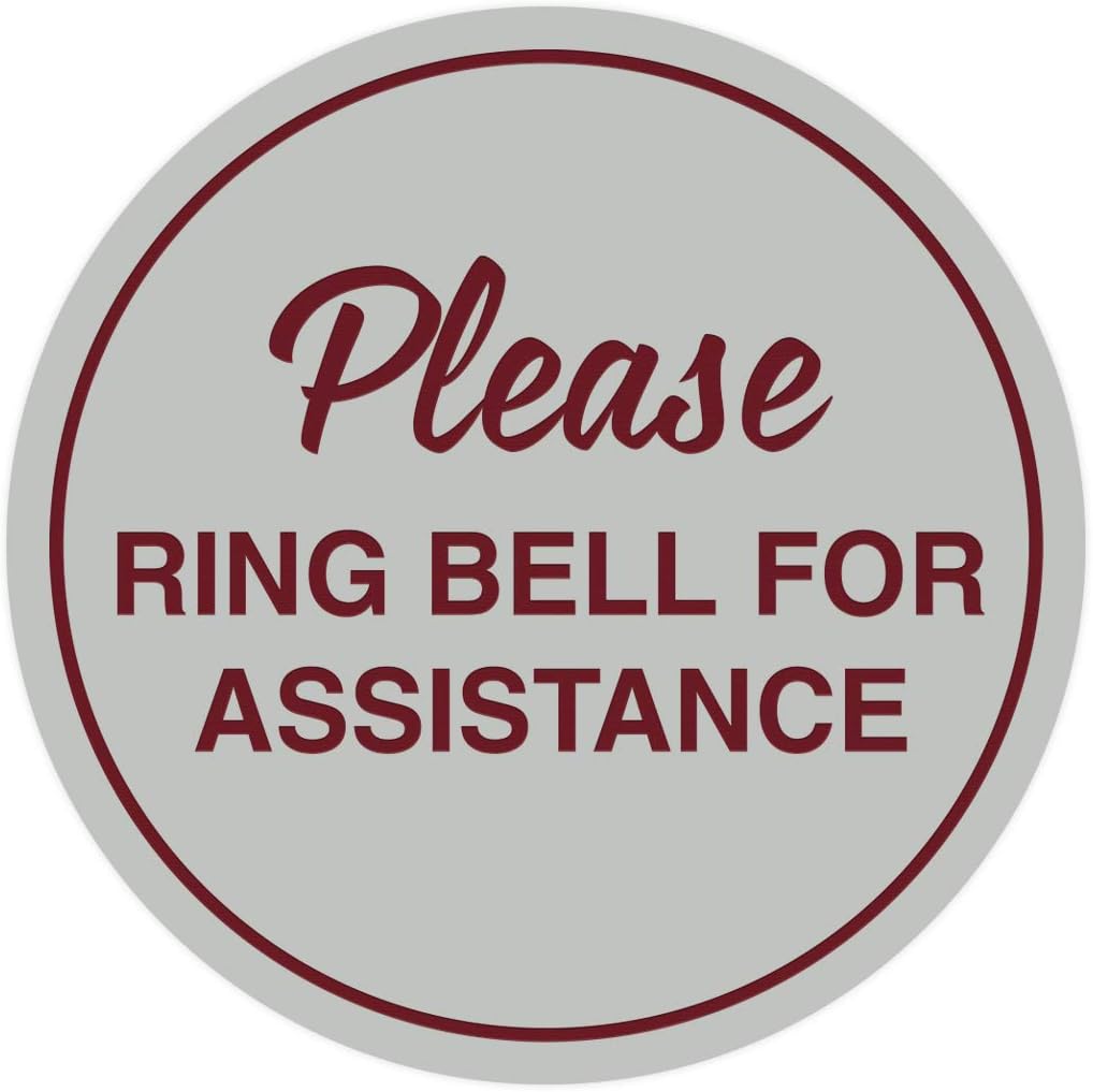 Signs ByLITA Circle Please Ring Bell For Assistance Wall or Door Sign | Easy Installation | Front Desk Reception Sign (Light Grey/Burgundy) - Large (2 Pack)