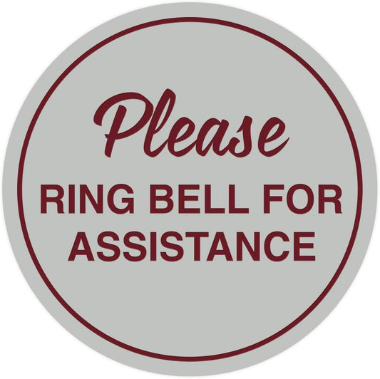 Signs ByLITA Circle Please Ring Bell For Assistance Wall or Door Sign | Easy Installation | Front Desk Reception Sign (Light Grey/Burgundy) - Large (1 Pack)