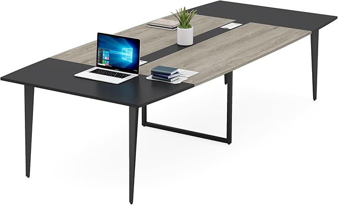 Tribesigns 8FT Conference Table, 94.48L x 47.21W x 29.52H Inches Boat Shaped Meeting Table with Rectangle Grommet, Modern Seminar Boardroom Table for Office Conference Room (Grey & Black, 8ft)