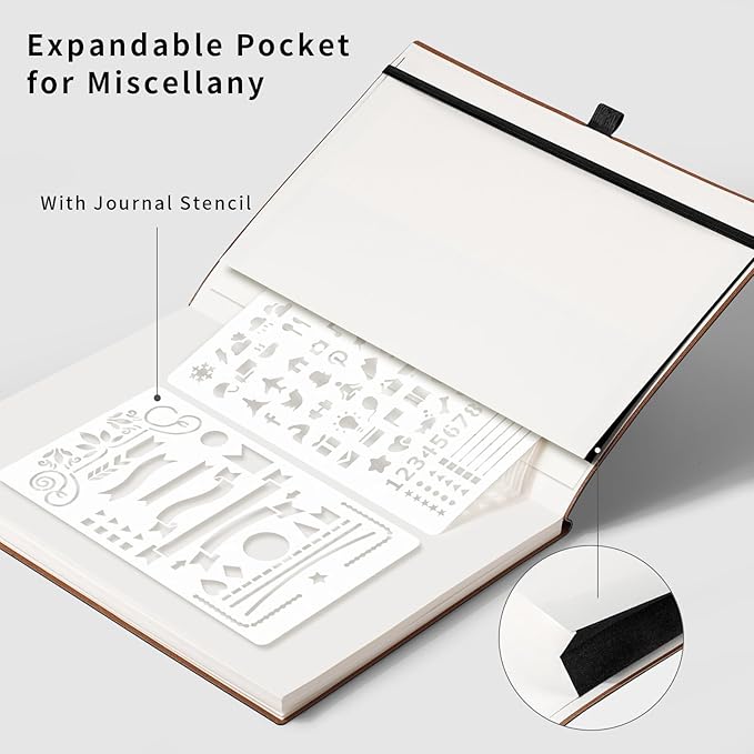 AHGXG Bullet Dotted Journal - Dot Grid Notebook Journal, 120 GSM Thick Acid-Free Paper, Large B5 Dotted Notebook 96 Pages, Leather Softcover, Inner Pocket, Journal Stencil, 7.6'' X 10'' - Black