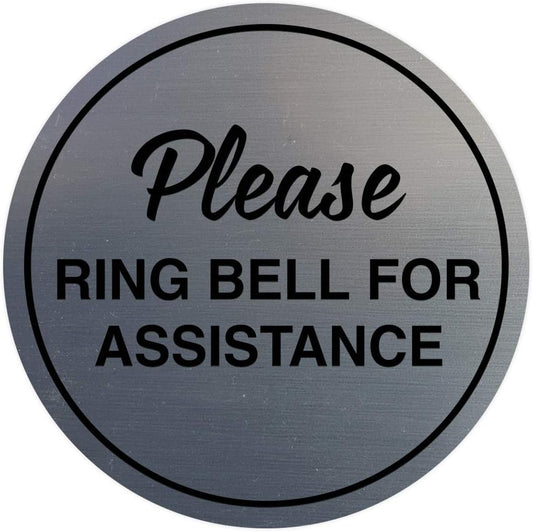 Signs ByLITA Circle Please Ring Bell For Assistance Wall or Door Sign | Easy Installation | Front Desk Reception Sign (Brushed Silver) - X-large (1 Pack)