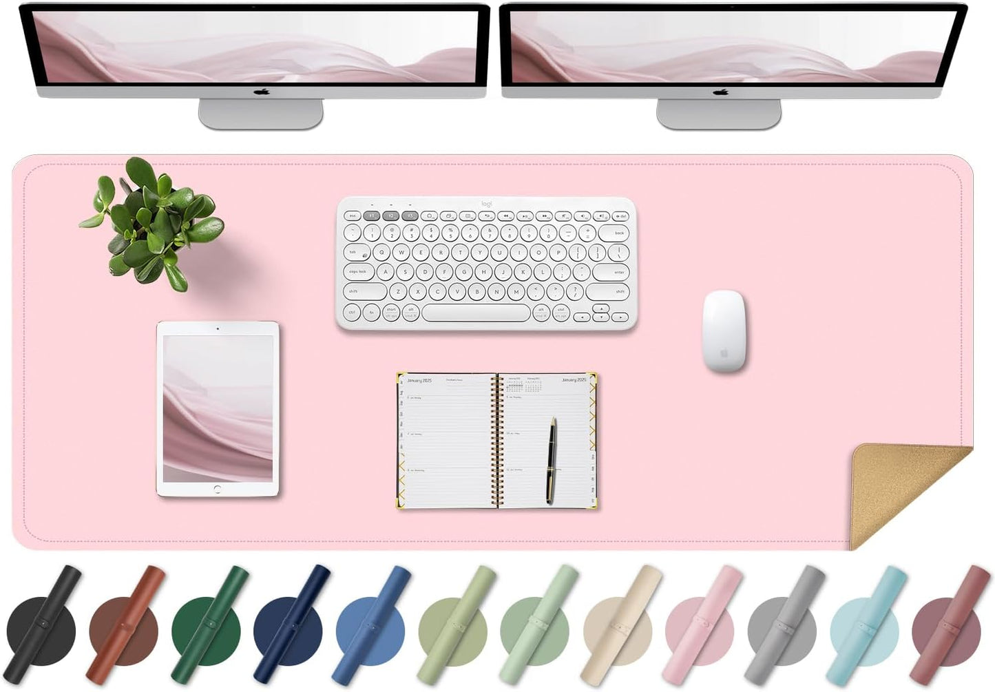BLESWIN Large Desk Pad Mat 47.2"" x 17"", Office Desk Mat, Non-Slip PU Leather & Cork Desk Blotter for Keyboard and Mouse, Large Desk Mat, Large Mouse Pad for Office & Home(Pink)