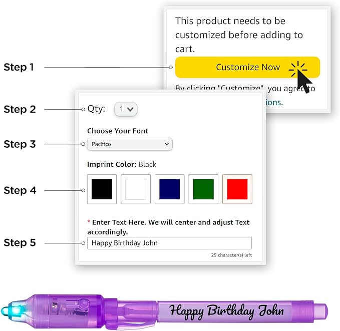 Personalized Invisible Disappearing Ink Pen Marker, Custom Secret Spy Message Writer with UV Light, Fun Activity for Kids Party Favors Gifts and Stock Stuffers, 12 Pack, Purple