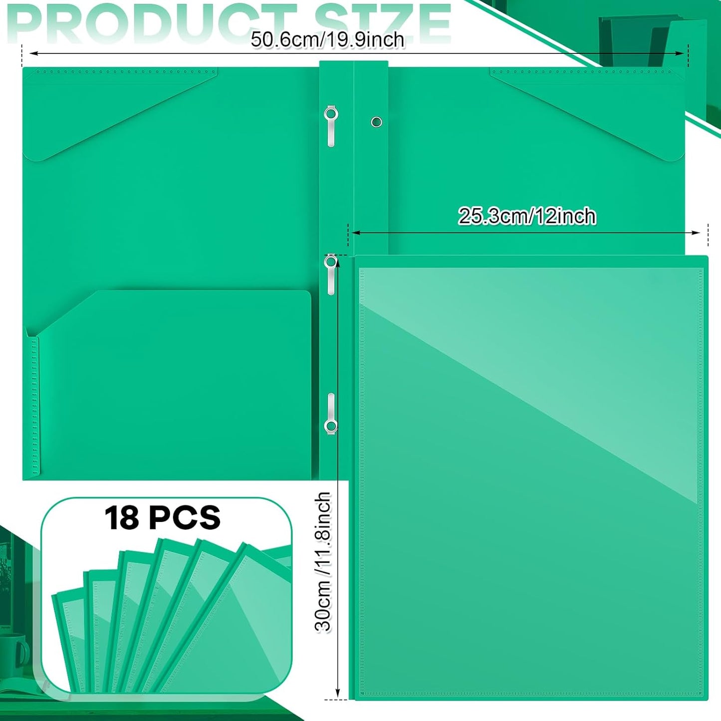 Henoyso 18 Pcs Plastic Folder with Clear Front Pocket and 3 Prong Plastic Folders with Card Slot Pocket Folders with Prongs for School Office (Green)