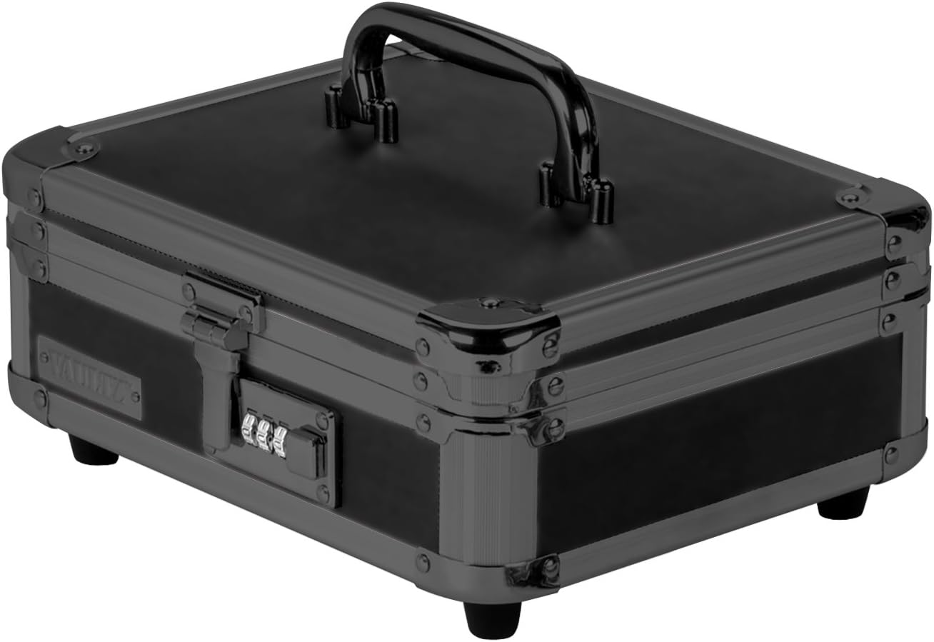 Vaultz Locking Cash Box with Bill and Coin Tray, Combination Lock, 8.5 x 4 x 10 Inches, Tactical Black (VZ00308)