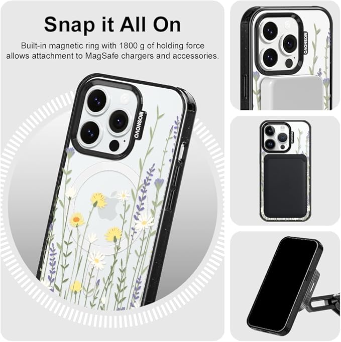MOSNOVO Magnetic Case for iPhone 14 Pro, 10ft Military-Grade Protection, Compatible with Magsafe, Shockproof Phone Case for iPhone 14 Pro - Wild Meadow - Clear Black