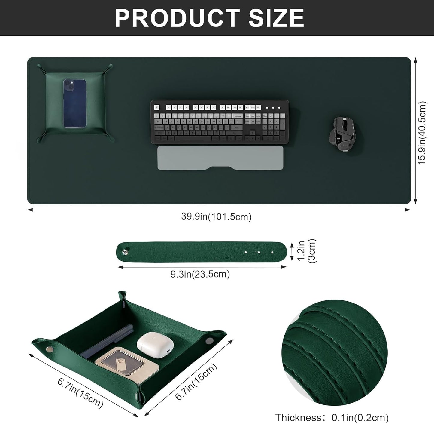 DAWNTREES Dark Green Desk Mat,Leather Desk Pad,40"x16",Cork Desk Mat Protector,with PU Leather Valet Tray Organizer,Large Mouse Pad,Desk Writing Pad for Office and Home