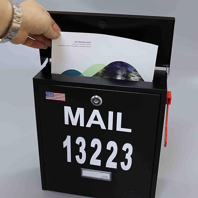 Wall Mount Locking Mailbox - Black Large Capacity Security House Numbers Mailbox - Waterproof Stainless Steel Vertical Drop Mail Box Outdoor with Keys