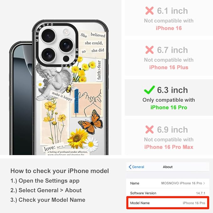MOSNOVO Case for iPhone 16 Pro, [10ft 4X Military-Grade Drop Protection] Durable & Shockproof Phone Case Cover Design for iPhone 16 Pro - Vintage Collage Art - Clear Black