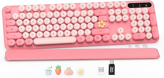 Wireless Keyboard, Round Keycaps, Retro Typewriter Keyboard with Detachable Wrist Rest, Sleep Mode, Foldable Legs, 2.4GHz Full-size Cordless Computer Keyboard for Windows/PC/Laptop (Baby Pink)