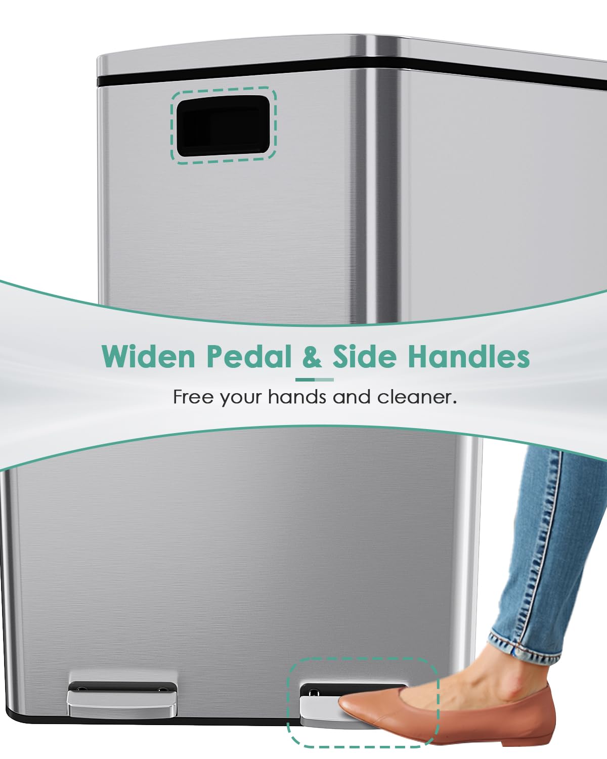 AthLike 60L(16 Gal) Dual Trash Can, Stainless Steel Kitchen Garbage Can, Double Compartment Classified Rubbish Bin, Recycle Dustbin w/Plastic Inner Buckets, Soft-Close Lid, Airtight, Silver