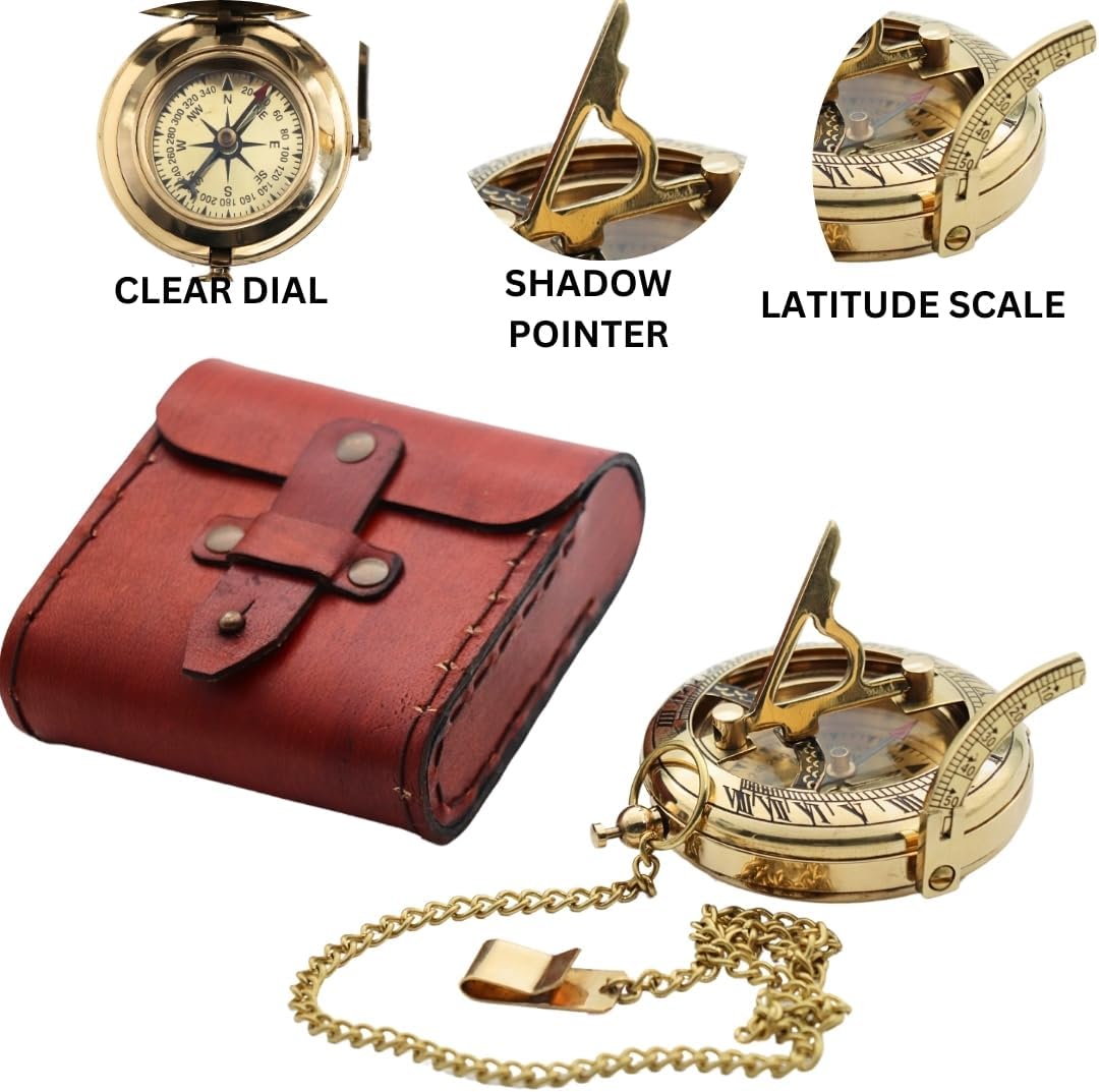 Vintage Brass Sundial Compass with Leather Case - Antique Brass & Copper Sun Clock for Camping, Hiking, Touring - Engraved Gift for Him - Nautical Ship Replica Watch - Sundial Clock in Box