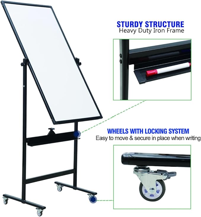 48" x 24" Magnetic Mobile Whiteboard - 360° Reversible Double-Sided Dry Erase Board with Wheels, Portable Standing Whiteboard Easel for Office & Classroom - Includes 6 Markers + 1 Eraser