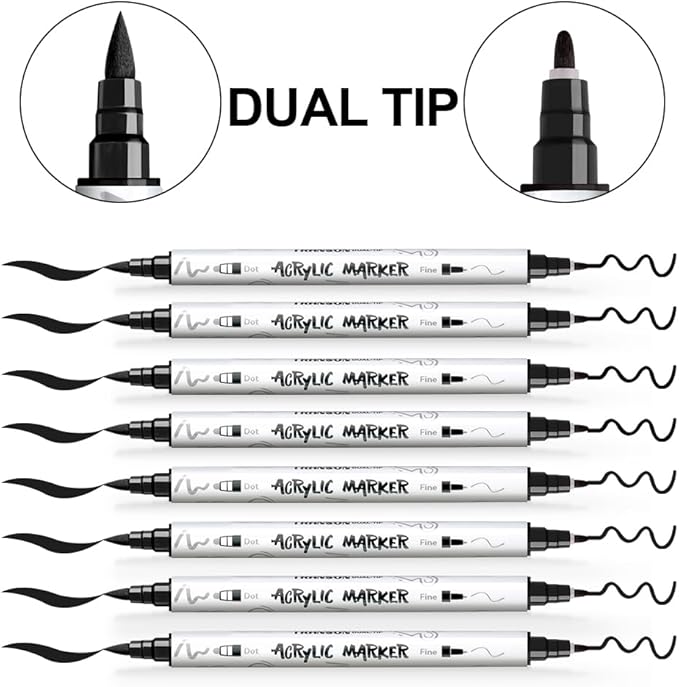 TRANSON 8 Pack Black Brush and Fine Dual-tip Acrylic Paint Marker for DIY Glass Canvas Wood Leather Ceramic Rock Painting