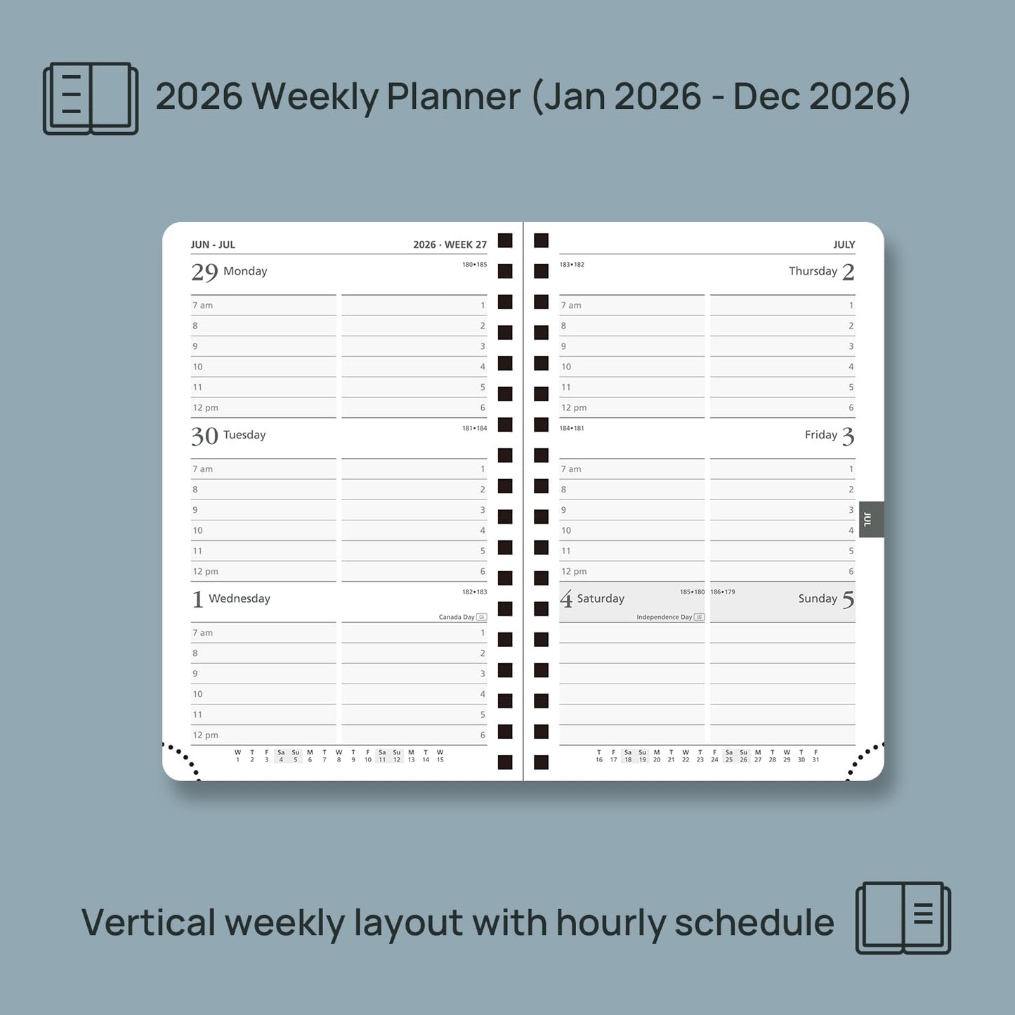 POPRUN 2026 Planner (Pocket Size 4''x 6.25'' Wire-Bond Hard Cover) Calendar Weekly and Monthly (Jan.2026-Dec.2026) Small Planner with Hourly Time Slots, for Purse, 100 GSM - Pacific Green