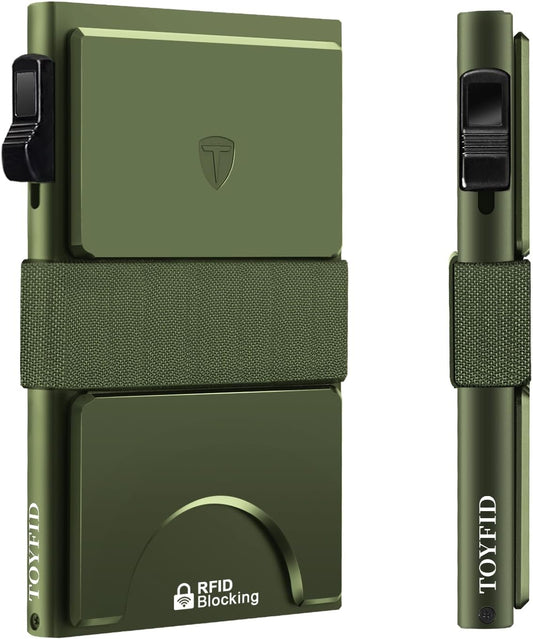 Slim Card Wallet,Minimalist Metal Wallets Pop Up Quick Access Card Holder for Men RFID Blocking Protection 12+ Card Capacity Expandable Backplate & Cash Band for Breast/Back/Front Pocket,Green