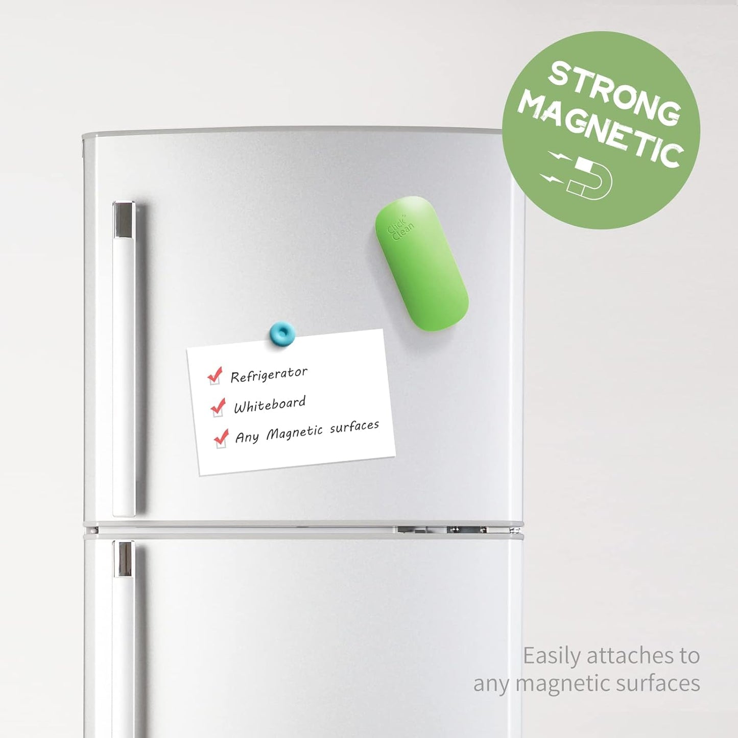 CLICK CLEAN Replaceable Dry Erase Board Eraser, 4-in-1 Magnetic Whiteboard Eraser with 3 Replaceable Felt Pads, Free 3.4oz Whiteboard Cleaner Included, Intended for Classroom, Home and Office