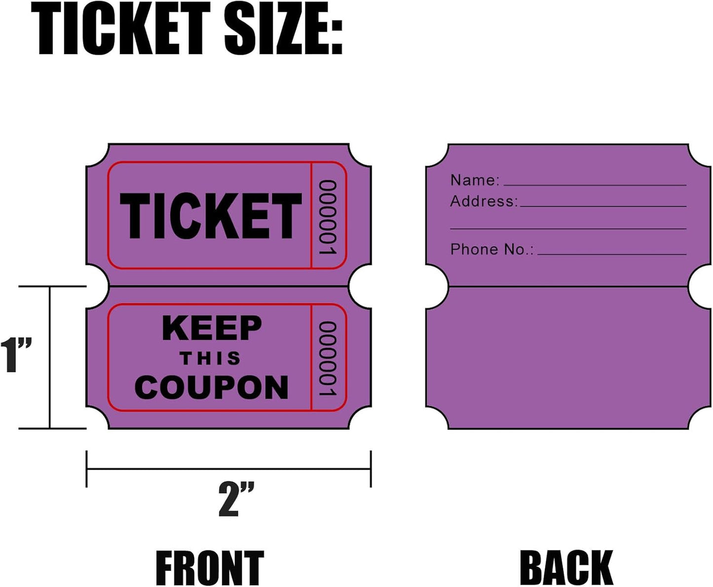 DNB 1000 Raffle Tickets - Double Roll 1000 Pairs per Roll 2 x 2 Inch 50/50 Consecutively Numbered Tickets for Entry/Events/Fundraiser/Prizes - Purple