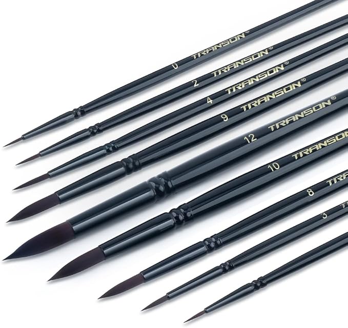 Transon Round Paint Brush Set 9pcs Synthetic Sable Hair for Acrylic Painting Watercolor Painting Gouache Ink Craft and Detail Painting Black Color