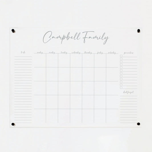 Personalized Clear Acrylic Calendar for Wall, Calendar Whiteboard for Wall, Dry Erase Wall Calendar, Wall Calendar Organizer System for Home (Cursive, Grey, 47.5"W x 36"H)