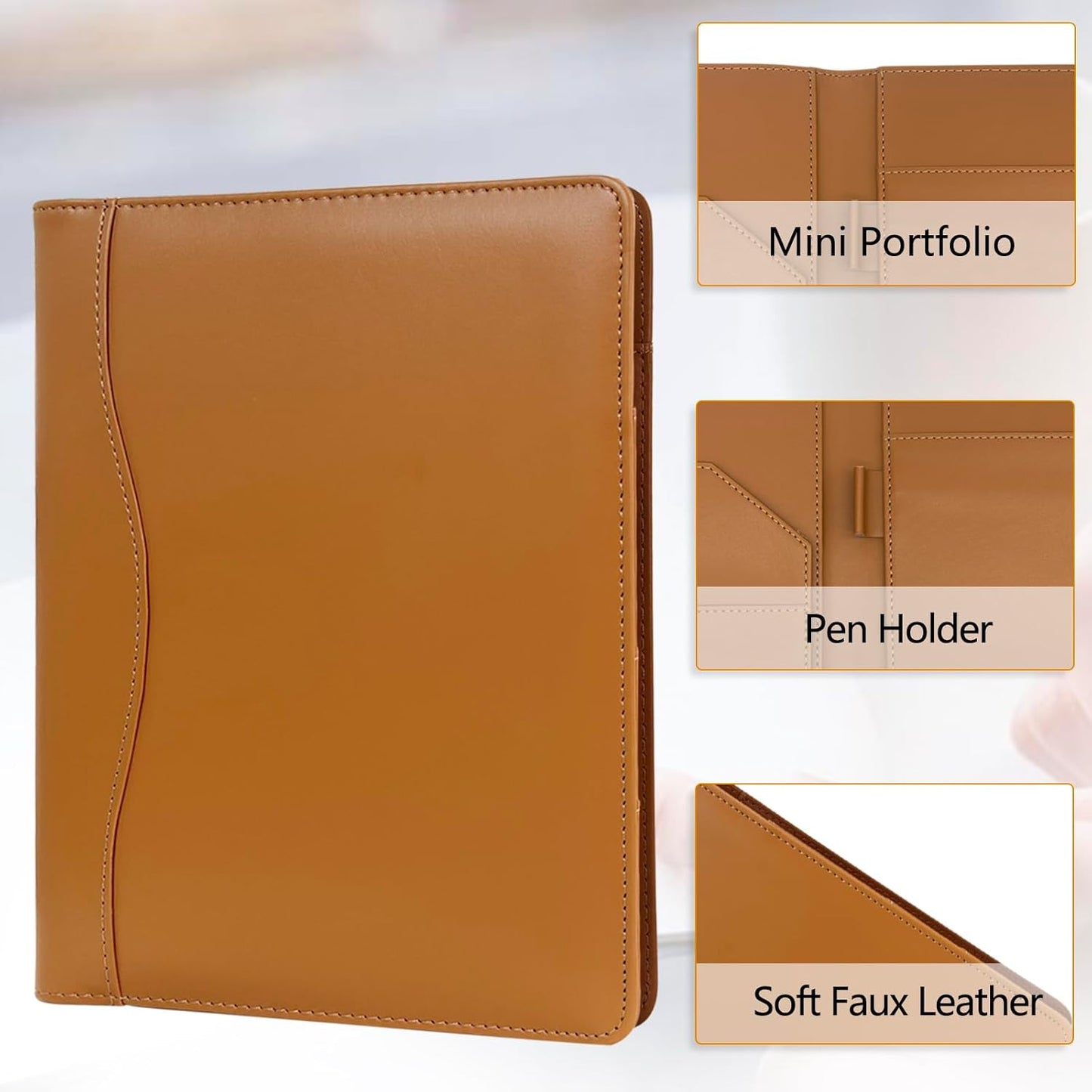 Leather Portfolio Binder 5 x 8, Mini Soft Leather Padfolio A5 Business Binder Legal Writing Pad Junior Size Document Organizer for Present Gift Kid Men Women Brown