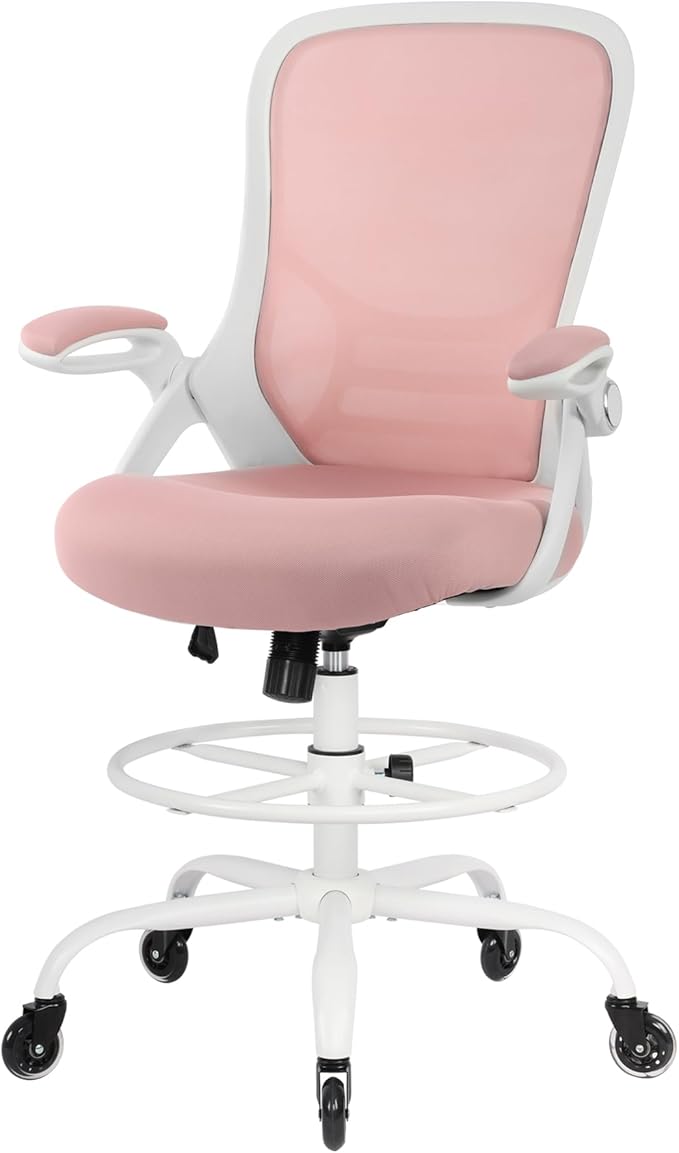 HYLONE Drafting Chair Tall Office, Ergonomic Standing Desk Stool Adjustable Drafting Chair Big Tall Drafting Office Chair Pink