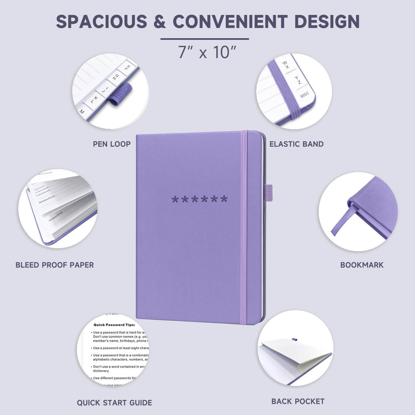 Password Book with Alphabetical Tabs – Hardcover Internet Address & Password Organizer – Password Keeper Notebook for Computer & Website – 7x 10" Log-in Password Journal w/Thick Paper (Lavender)