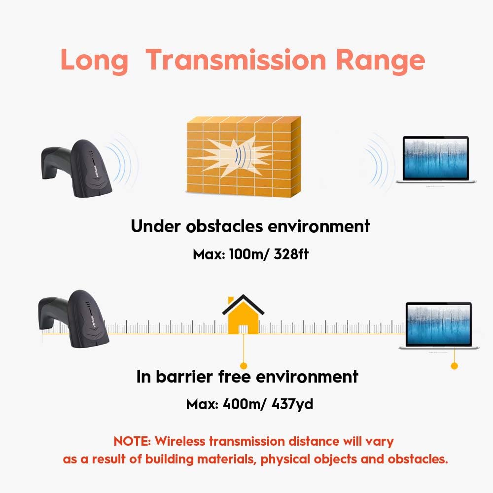 NADAMOO Wireless Barcode Scanner with USB Cradle Charging Base 328Ft Long Transmission Handheld 1D Cordless Laser Barcode Reader Portable Bar Code Scanning for Retail Supermaket Warehouse
