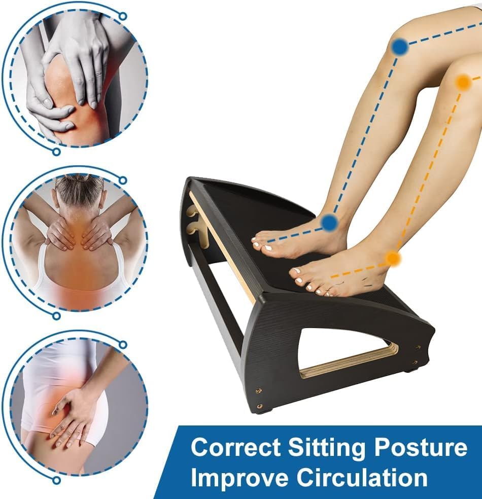 StrongTek Ergonomic Under Desk Footrest, 3 Adjustable Heights Wooden Office Footrest, Large Anti-Slip Surface, Improves Posture and Blood Circulation, up to 400lbs (Black)
