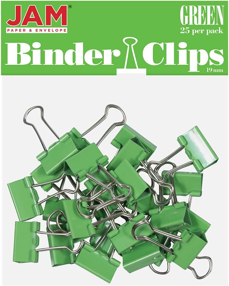 JAM PAPER Colorful Binder Clips - Small - 3/4 Inch (19 mm) - Green Binderclips - 25/Pack