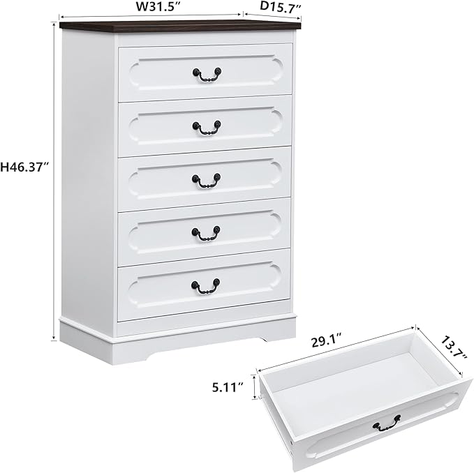 LIDYUK 5 Drawer Dresser for Bedroom Farmhouse White Wood Chest of Drawers for Bedroom Dresser, Rustic 46" Tall Wide Drawers Dressers Wooden Closet Storage Cabinet, Hallway, Living Room