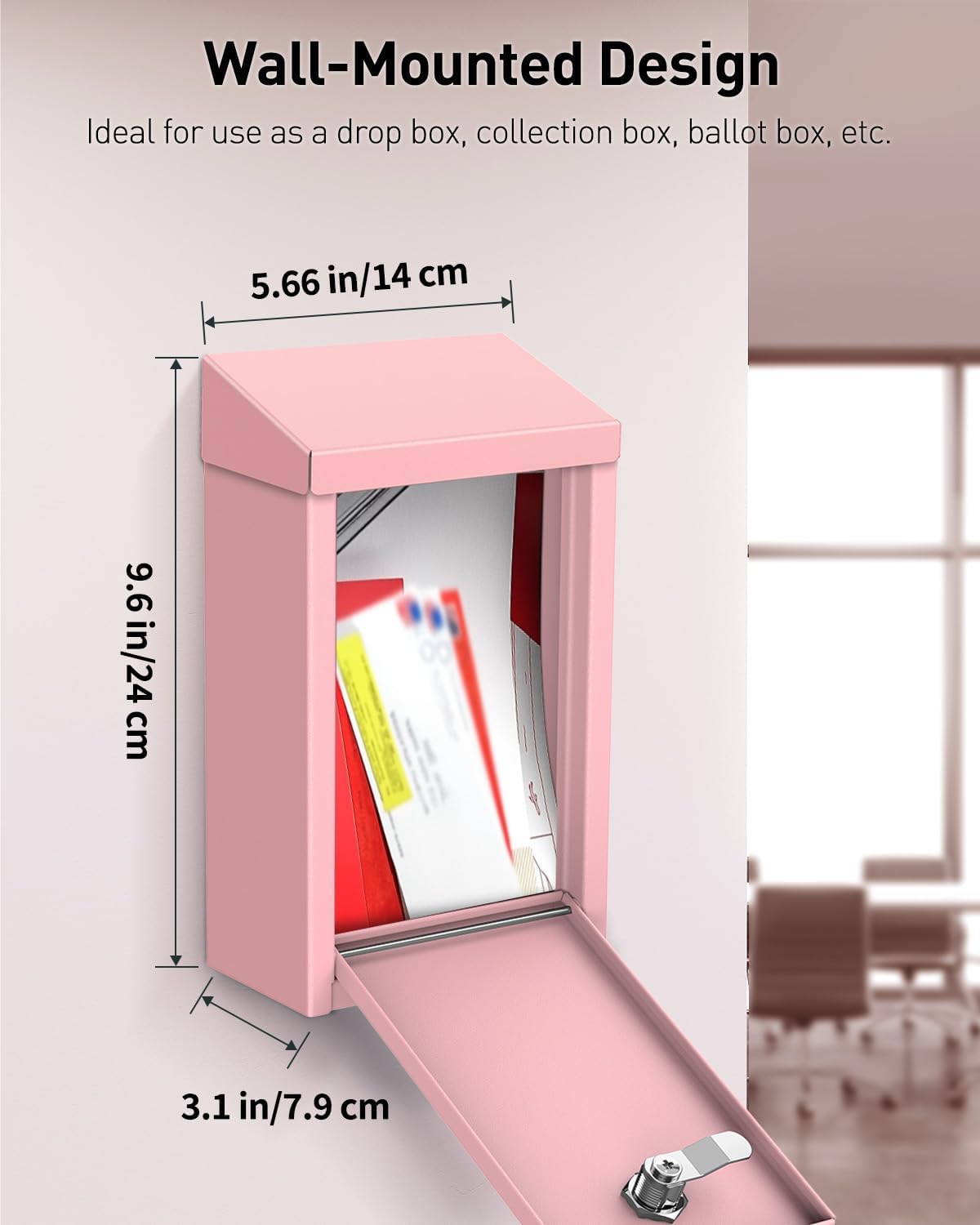 Uniclife Pink Key Drop Box for Outside, Metal Safe Suggestion Box with Key Lock, Collection Boxes Donation Chest, Wall Mounted Mailbox with Top Slot, Steel Cash Drop Chest for Home Office Business