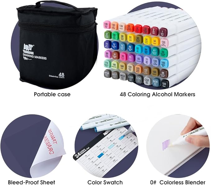 TRANSON Alcohol Markers for Drawing Coloring 48 Colors Dual-tip Fine and Chisel Tips