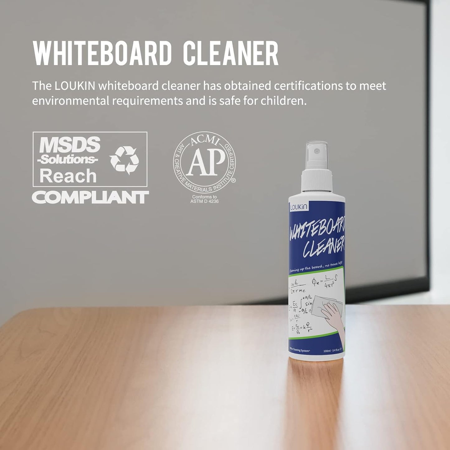 loukin Non-Toxic Whiteboard Cleaner, 3.4 fl oz Dry Erase Board Cleaner, Low-Odor White board Cleaning Spray, Removes Stubborn Marks from Whiteboards