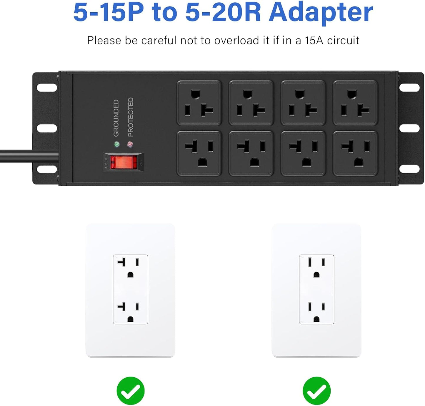 CCCEI 2PCS Heavy Duty Power Strip Surge Protector 20 AMP, 8 Outlets 12 Gauge Shop Garage Metal Multiple Outlets, 10 FT Extension Cord 5-15P Adapter High Amp 6-20R T-Slot 20a for Appliance Black.