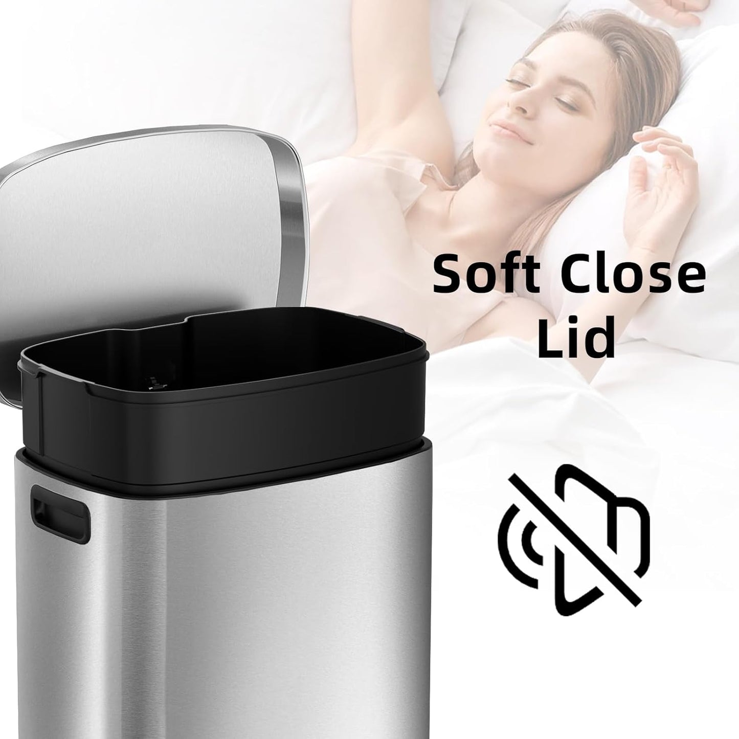 KUK 13 Gallon/50L Stainless Steel Kitchen Trash Can with Lid and Step Pedal-Large Capacity Garbage Bin with Odor Seal, Silent Close Lid, Removable Inner Bucket for Home, Kitchen, Bedroom, Silver