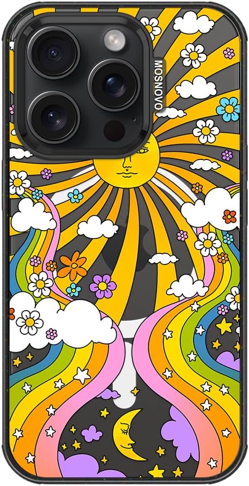 MOSNOVO Magnetic Case for iPhone 15 Pro, 10ft Military-Grade Protection, Compatible with Magsafe, Shockproof Phone Case for iPhone 15 Pro - 70's Psychedelic Groovy Art - Clear Black