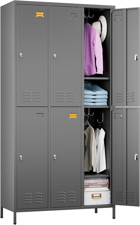 6 Doors Metal Lockers for Employees with 18 Hooks and Business Card Holder, Metal Locker with Ventilation Holes for School Garage Office Gym Home,Assembly Required,Dark Grey