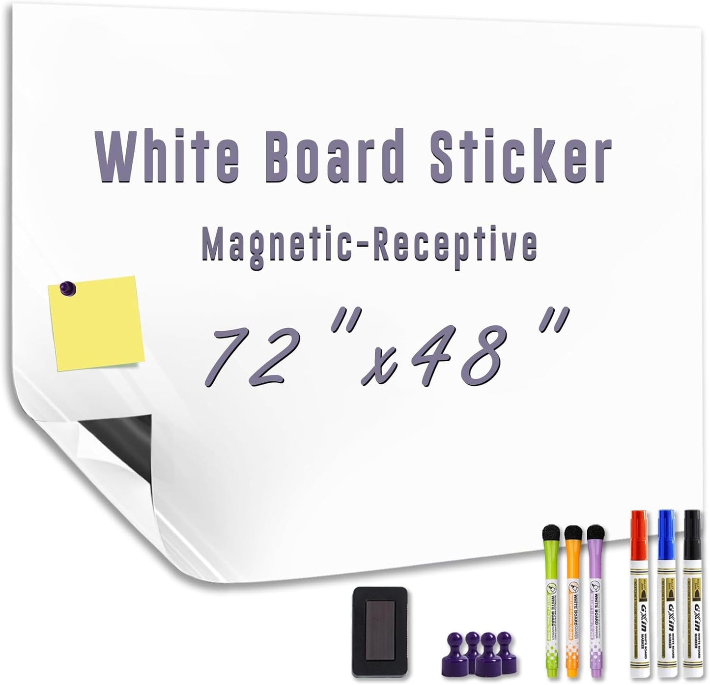 Large Magnetic Whiteboard for Wall - Adhesive Backing 72" x 48" Dry Erase Board White Board Sheet for Conference Room Office Home Include Starter Kit