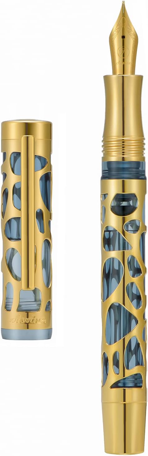 Asvine V169 Vacuum Filling Fountain Pen Medium Nib, Water Drop Skeleton Gold Trim Transparent Gray Blue Acrylic Pen Case Set