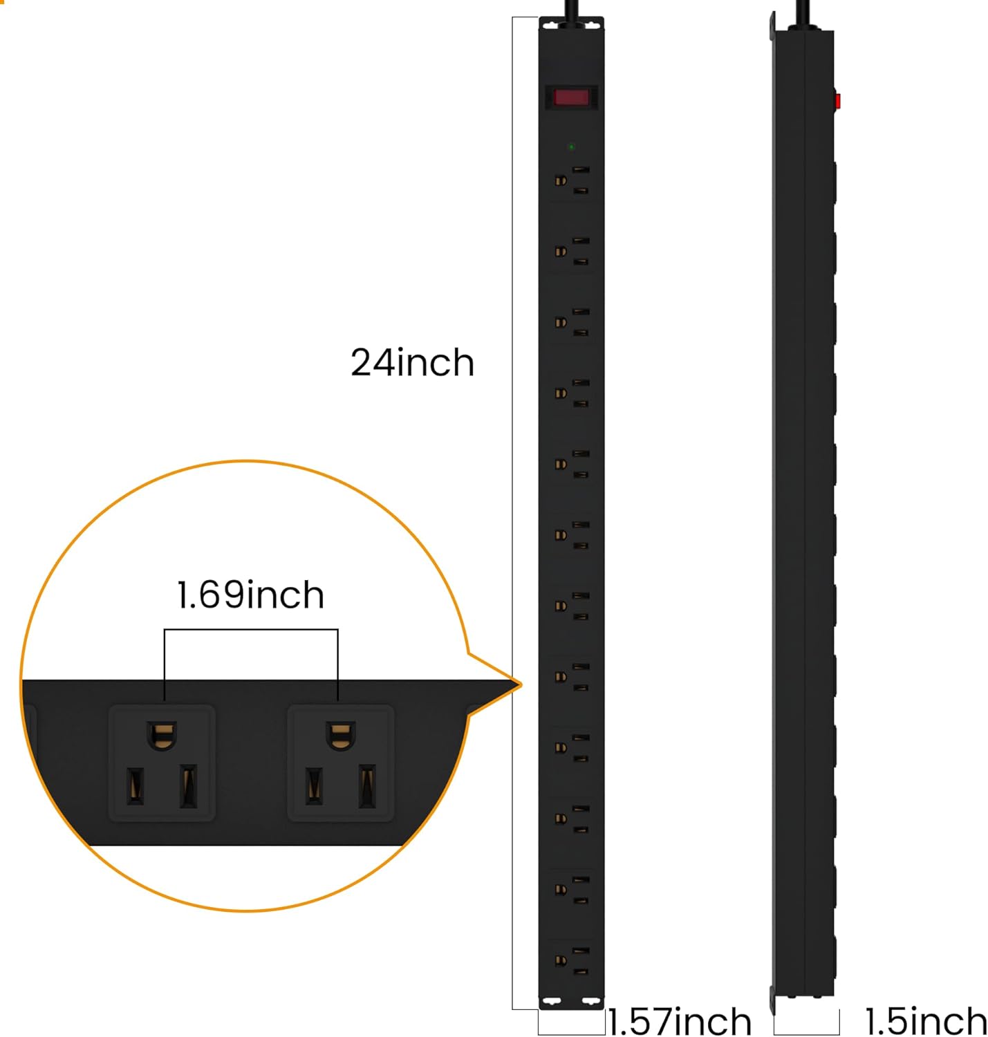 12 Outlet Long Power Strip Surge Protector with 2100 Joules, 6FT Power Cord, Wide Spaced Outlet Power Bar, Overload Protection Switch, Industrial Heavy Duty for Work Bench, Shop, Garage (Black),2 Pack