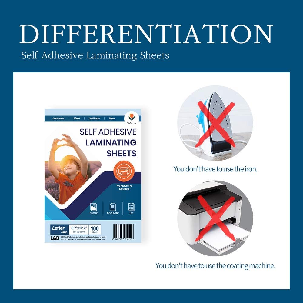 Self Stick Laminating Sheets 8.5 x 11 Inches, 4mil, Pack of 100, No Heat, No Machine, Peel and Stick Laminating Sheets, Self Adhesive Contact Paper, Self Sealing Clear Vinyl Stickers by VIOLLETO